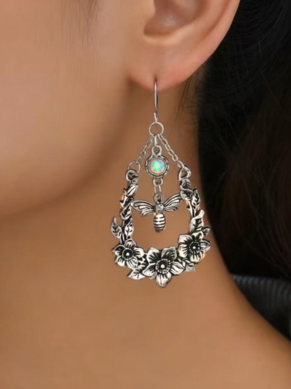 Drop Earrings Movement Hippie Chic Bee & Flowers Faux Fiery Opal Zinc Alloy